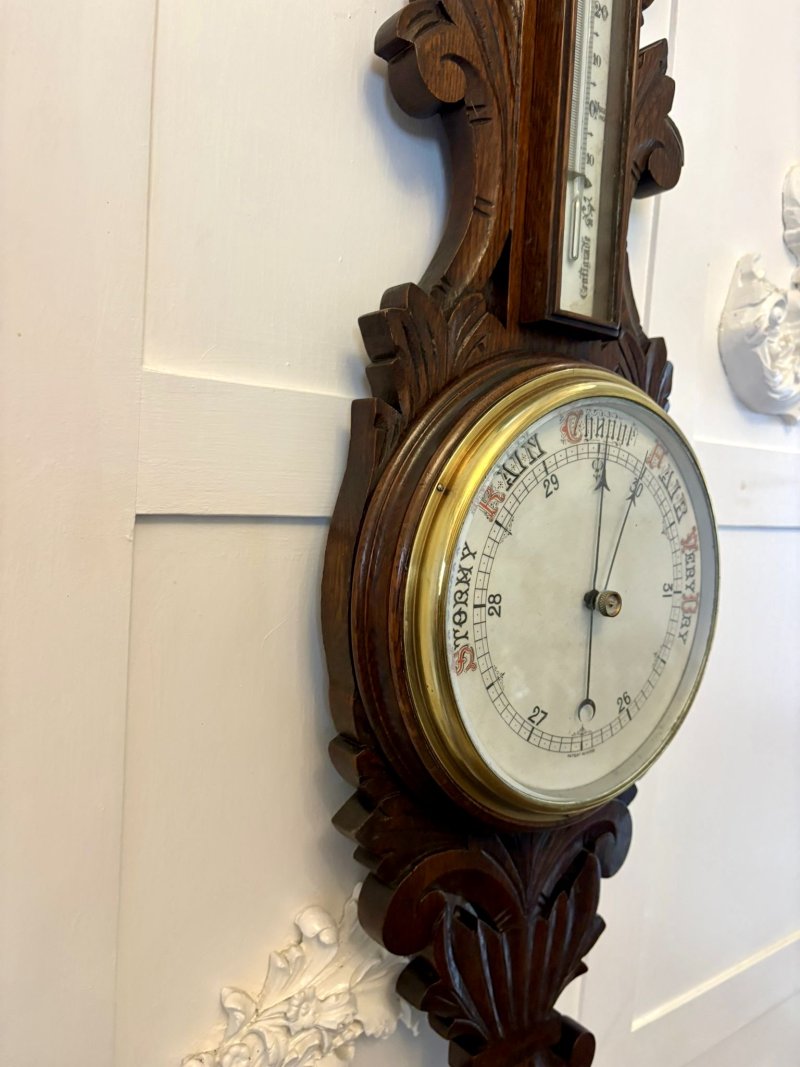 Antique Carved Oak Aneroid Barometer with Thermometer - Image 3
